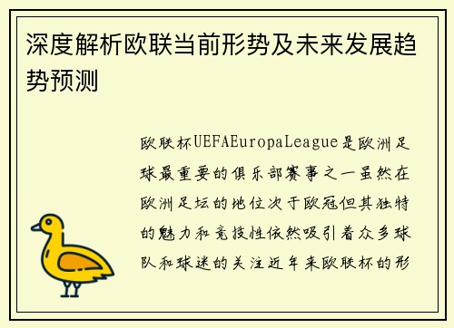 深度解析欧联当前形势及未来发展趋势预测