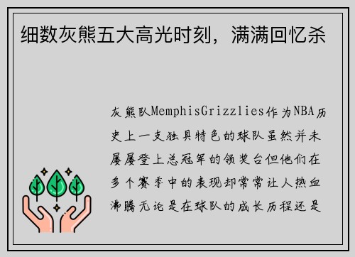 细数灰熊五大高光时刻，满满回忆杀